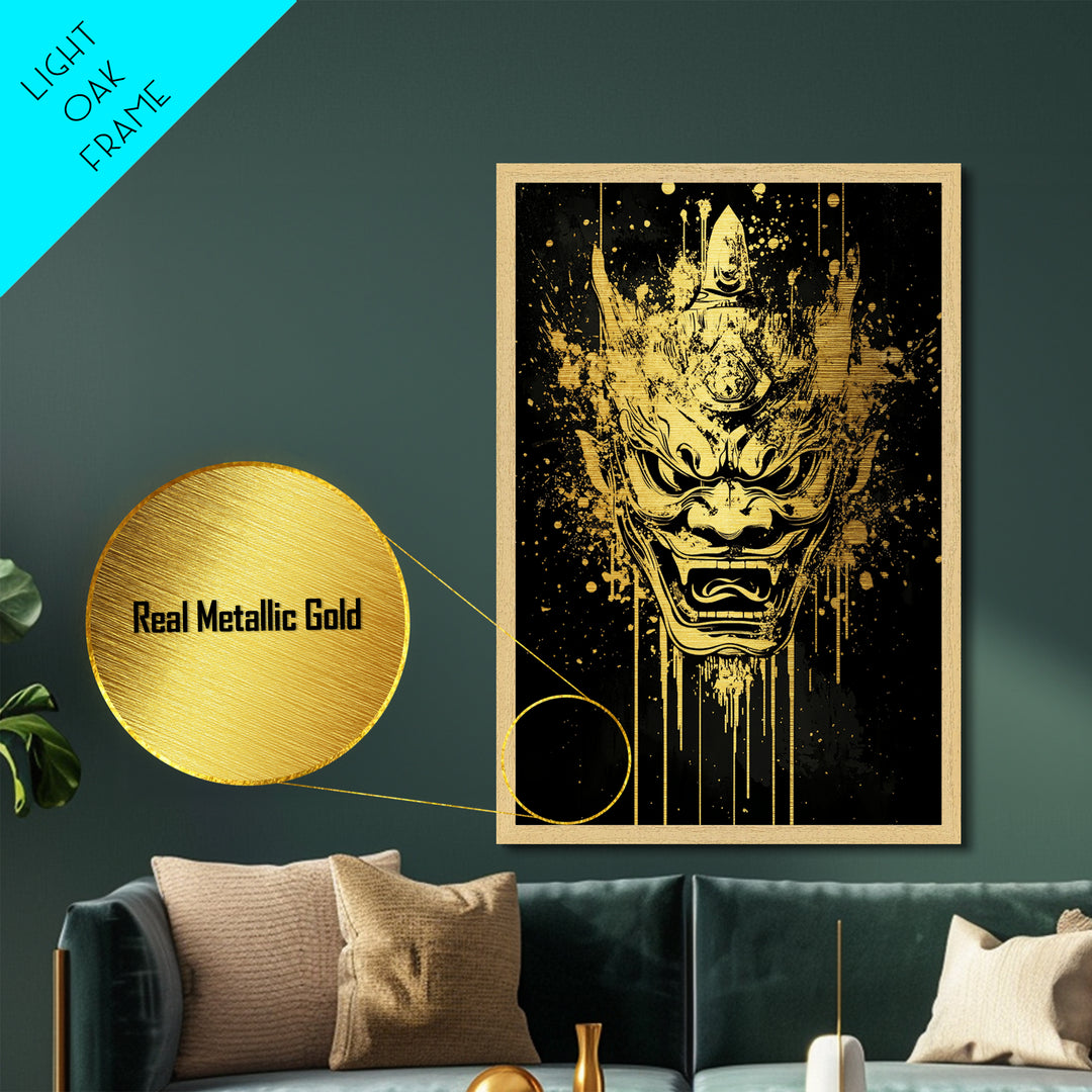 Mythical Demon Splatter Mask, Metallic Gold Metal Print, Bold Wall Art, Real Wood Frame, Fierce Cultural Decor