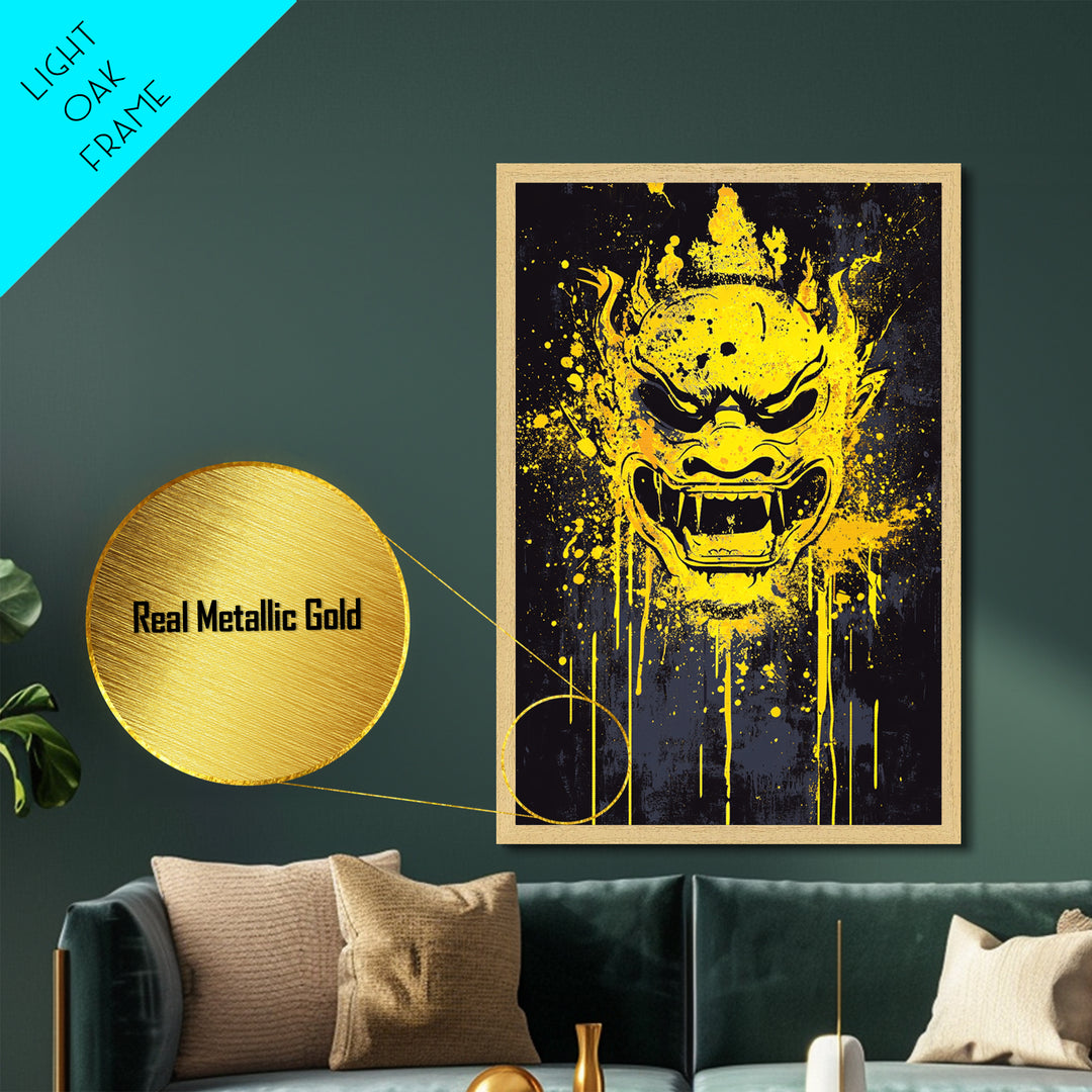 Sacred Mask Splatter Art, Metallic Gold Metal Print, Ethnic Spiritual Wall Decor, Real Wood Frame, Mystical Warrior Artwork