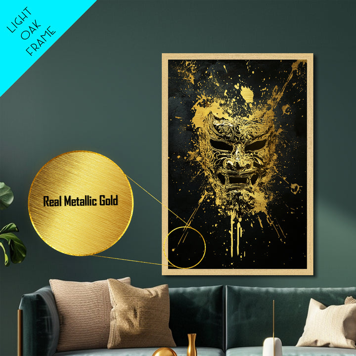Fierce Demon Mask Metallic Gold Metal Print, Splatter Art Wall Decor, Mythical Wall Art, Real Wood Frame, Tribal Home Accent