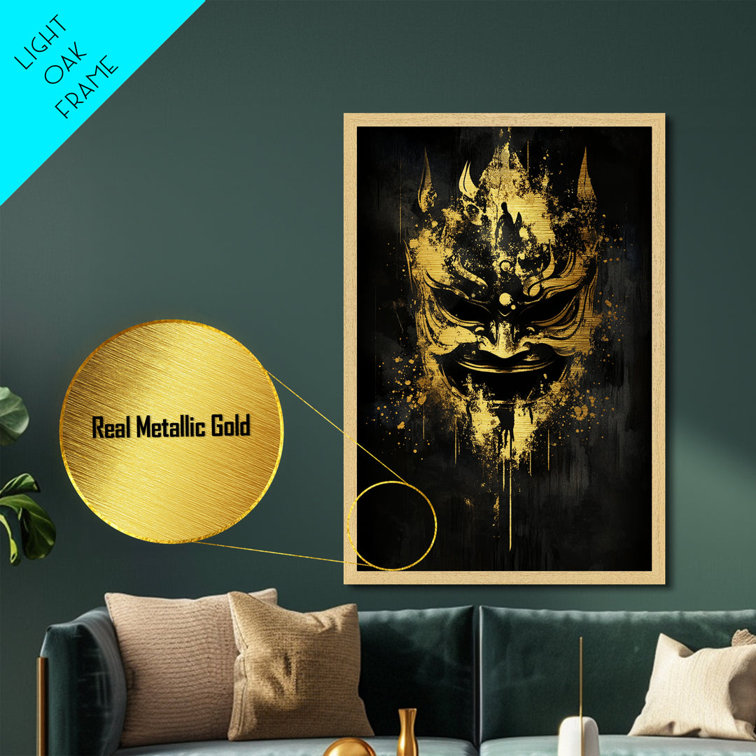 Vibrant Demon Face Metallic Gold Metal Print, Splatter Art Wall Decor, Tribal Mythical Mask, Real Wood Frame, Bold Home Accent