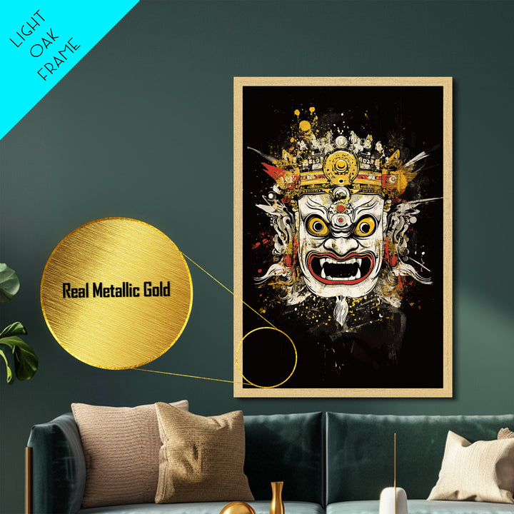 Balinese Mask Metallic Gold Metal Print, Splatter Art Wall Decor, Mythical Cultural Wall Art, Real Wood Frame, Tribal Home Accent