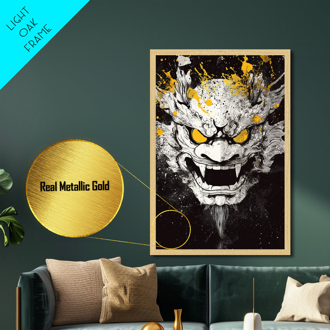 Dragon Demon Face Metallic Gold Metal Print, Splatter Style Wall Decor, Fierce Mythical Mask Art, Real Wood Frame, Tribal Home Accent