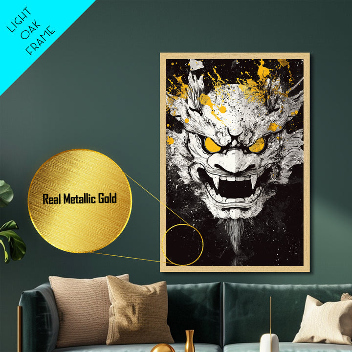 Dragon Demon Face Metallic Gold Metal Print, Splatter Style Wall Decor, Fierce Mythical Mask Art, Real Wood Frame, Tribal Home Accent