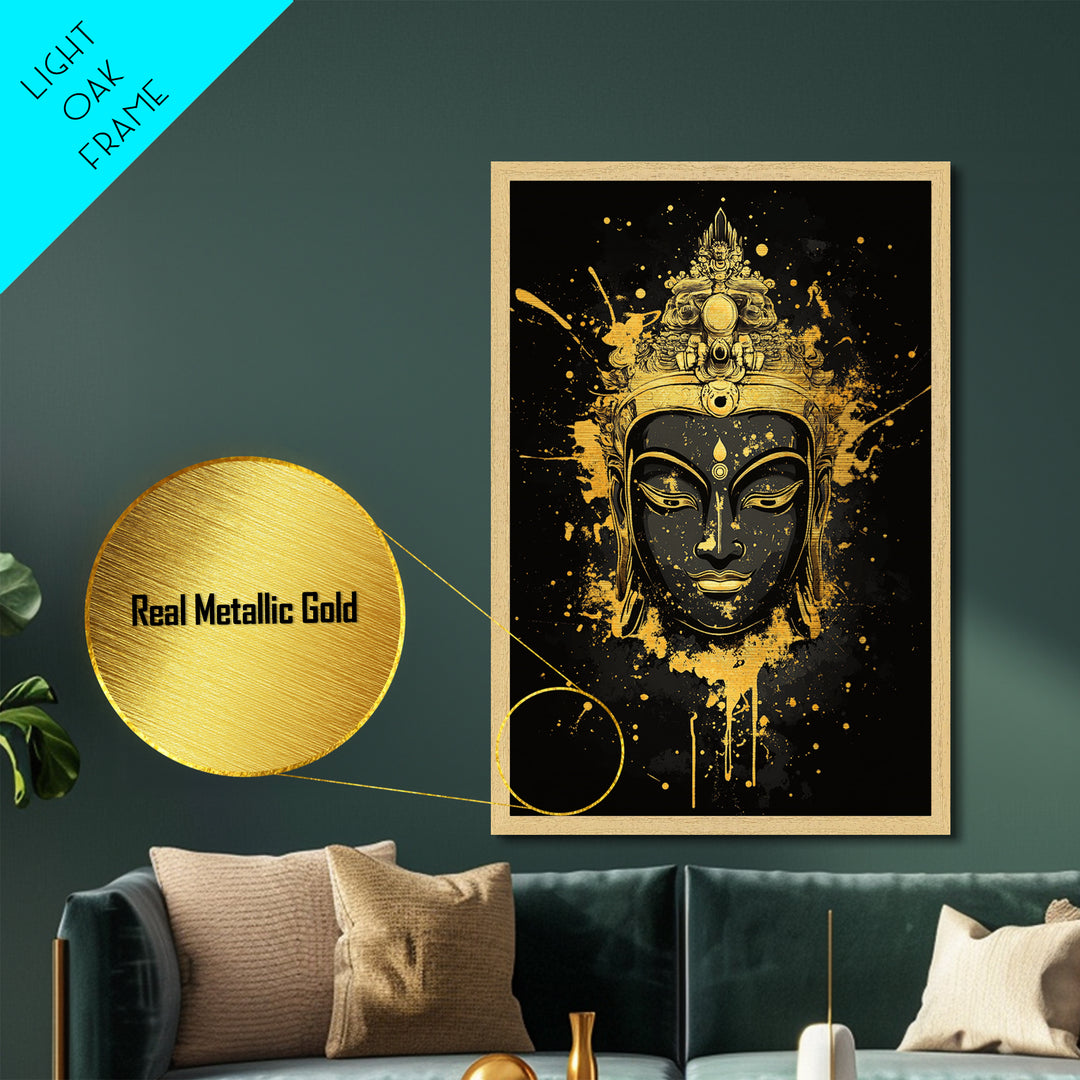Buddha Head Metallic Gold Metal Print, Sacred Splatter Style Wall Decor, Spiritual Wall Art, Real Wood Frame, Tranquil Home Accent