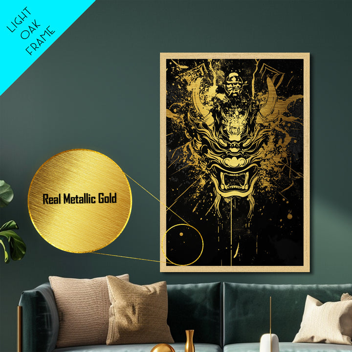 Samurai Demon Mask Metallic Gold Metal Print, Splatter Style Wall Decor, Warrior Inspired Wall Art, Real Wood Frame, Tribal Home Accent