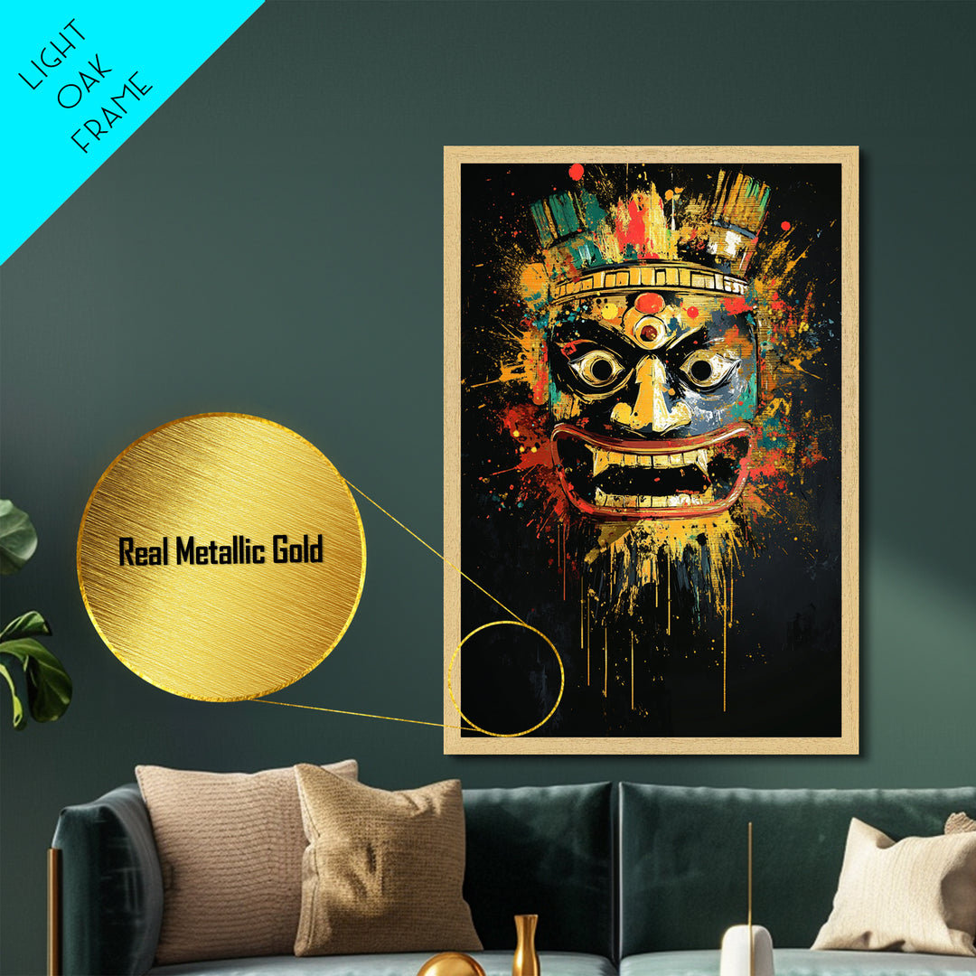 Aztec Warrior Mask Metallic Gold Metal Print, Tribal Wall Art, Splatter Style Decor, Real Wood Frame, Bold Statement Piece