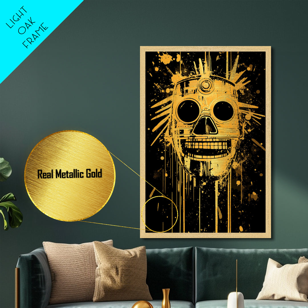 Inca Sun God Mask Metallic Gold Metal Print, Ancient Tribal Wall Art, Splatter Ink Style, Real Wood Frame, Bold Home Decor