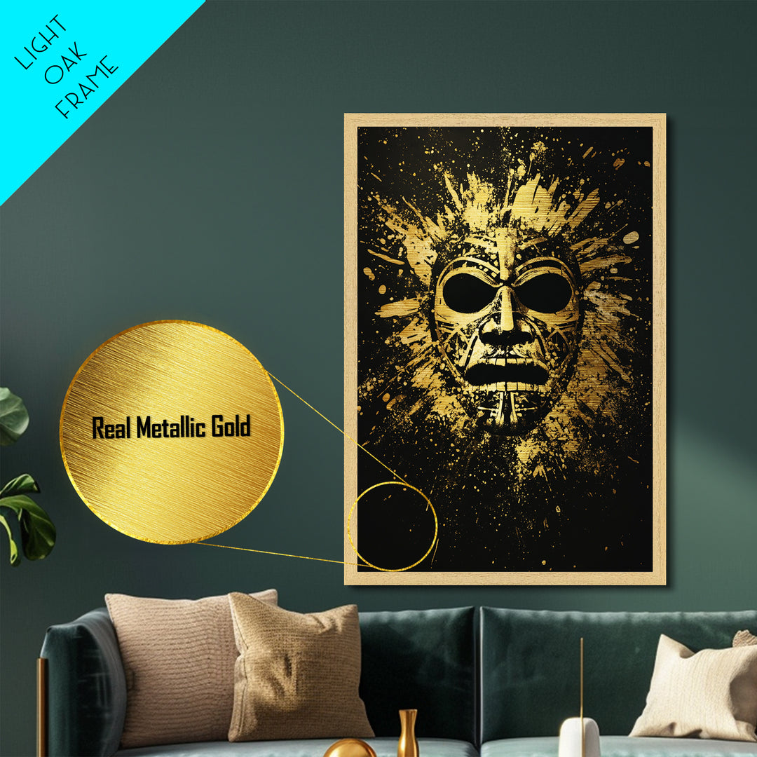 Mayan Ritual Mask Metallic Gold Metal Print, Ancient Tribal Wall Art, Splatter Paint Style, Real Wood Frame, Bold Statement Decor