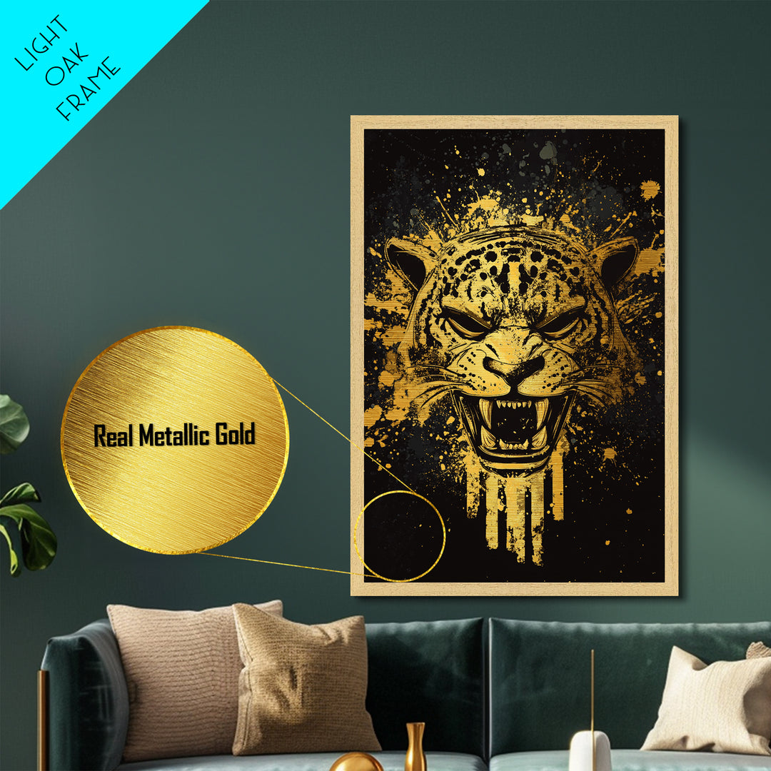 Jaguar Warrior Metallic Gold Metal Print, Aztec Animal Spirit Wall Art, Splatter Ink Style, Real Wood Frame, Fierce Tribal Decor