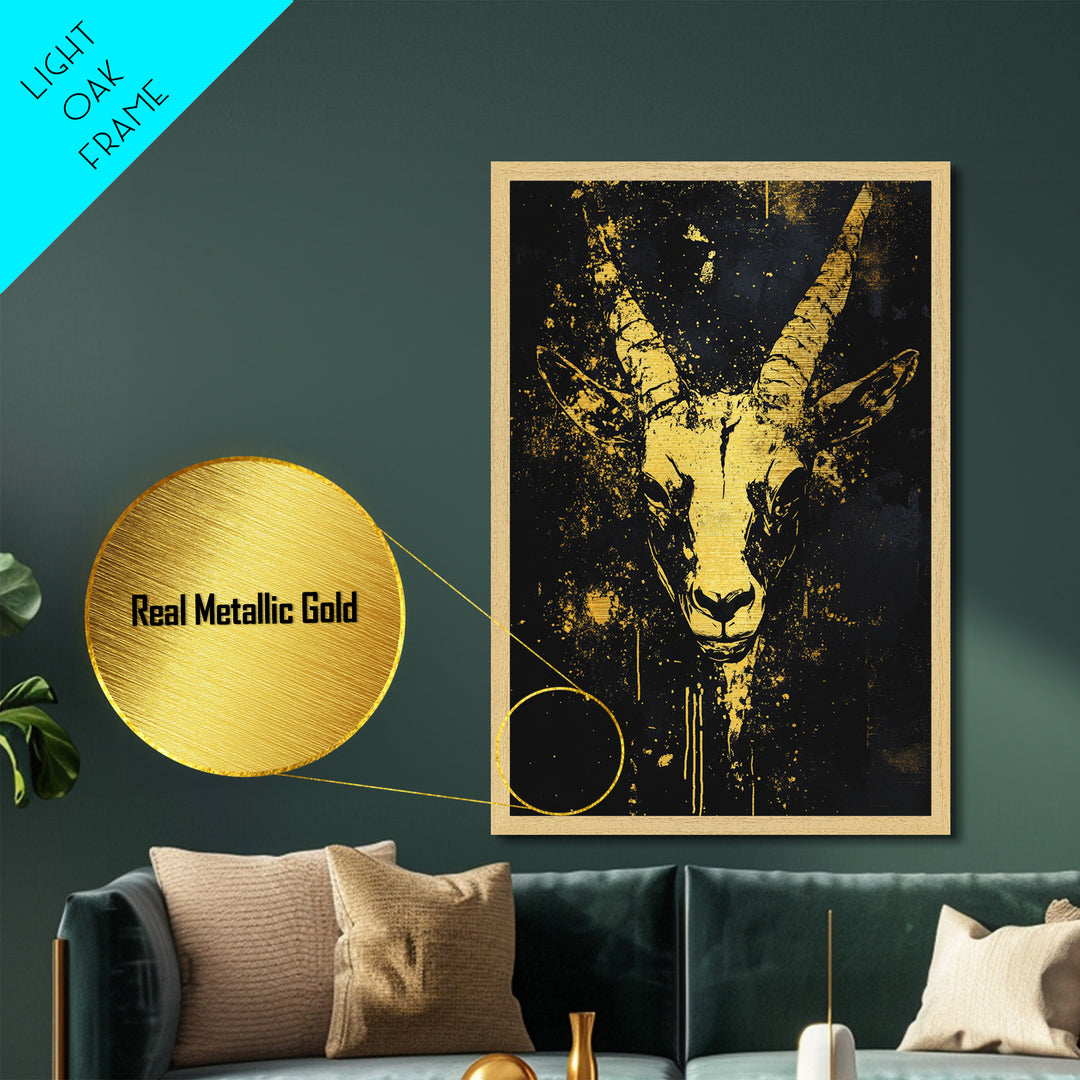 Antelope Spirit Metallic Gold Metal Print, Tribal Wildlife Wall Art, Splatter Style Ink, Real Wood Frame, Minimalist Statement Decor