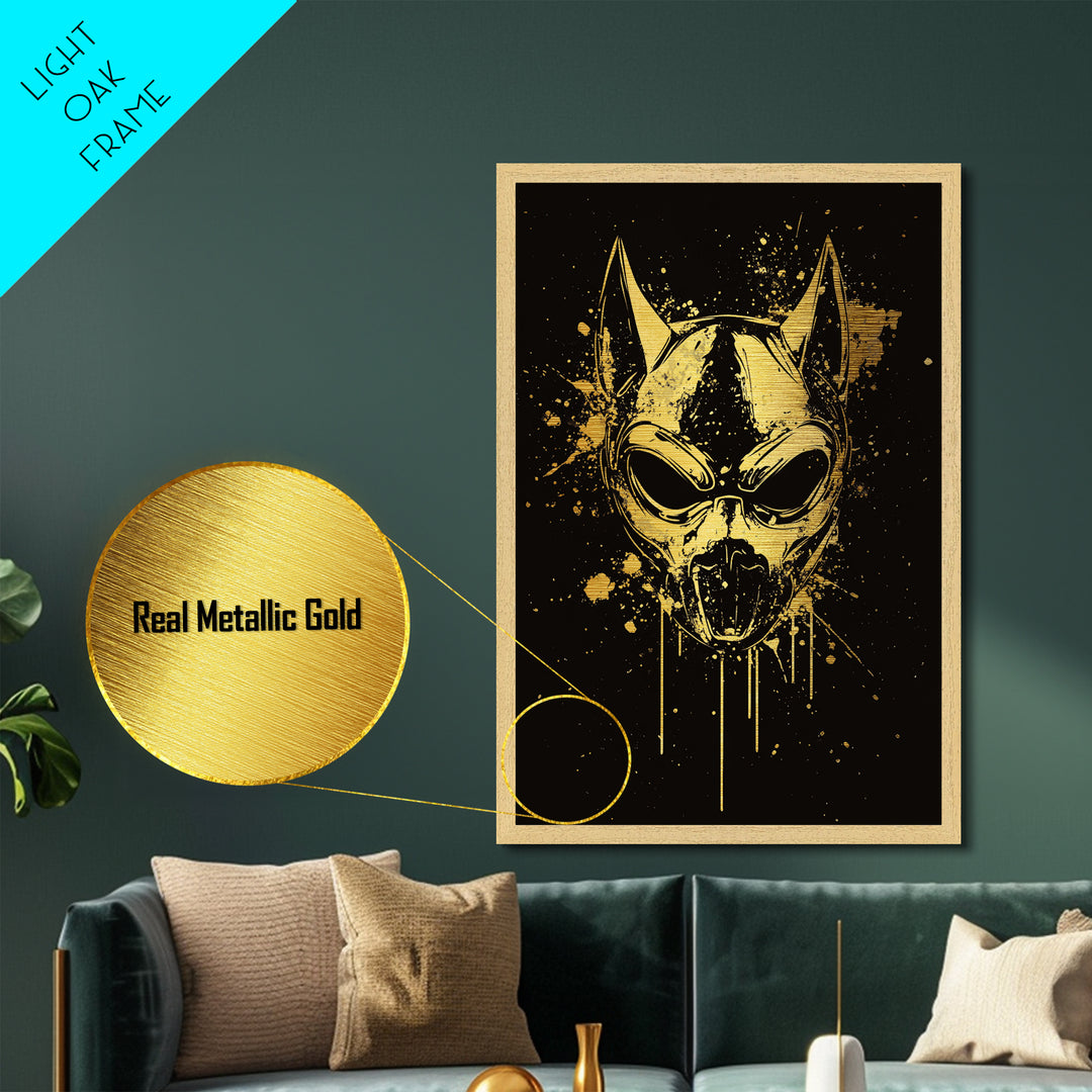 Dog Spirit Mask Metallic Gold Metal Print, Tribal Guardian Wall Art, Splatter Style Ink, Real Wood Frame, Fierce Bold Home Decor
