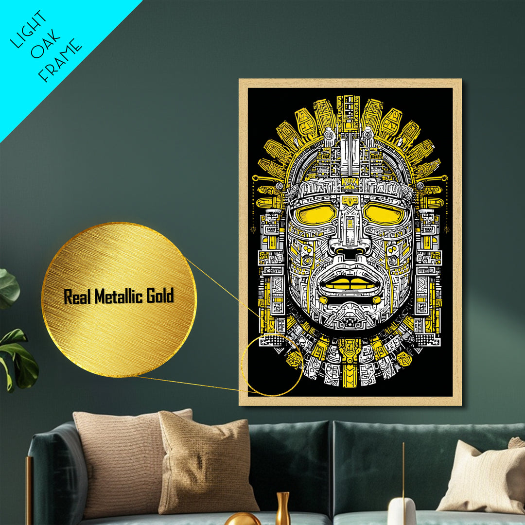 Aztec Sun Mask Metallic Gold Metal Print, Bold Tribal Face Artwork, Ancient Splatter Style Wall Decor, Real Wood Frame