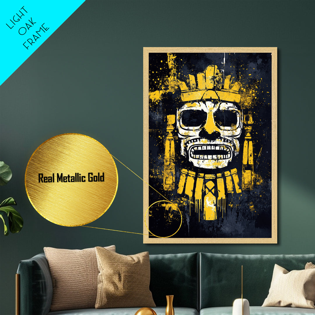 Aztec Feathered Warrior Metallic Gold Metal Print, Ornate Tribal Face Artwork, Ancient Wall Decor, Real Wood Frame
