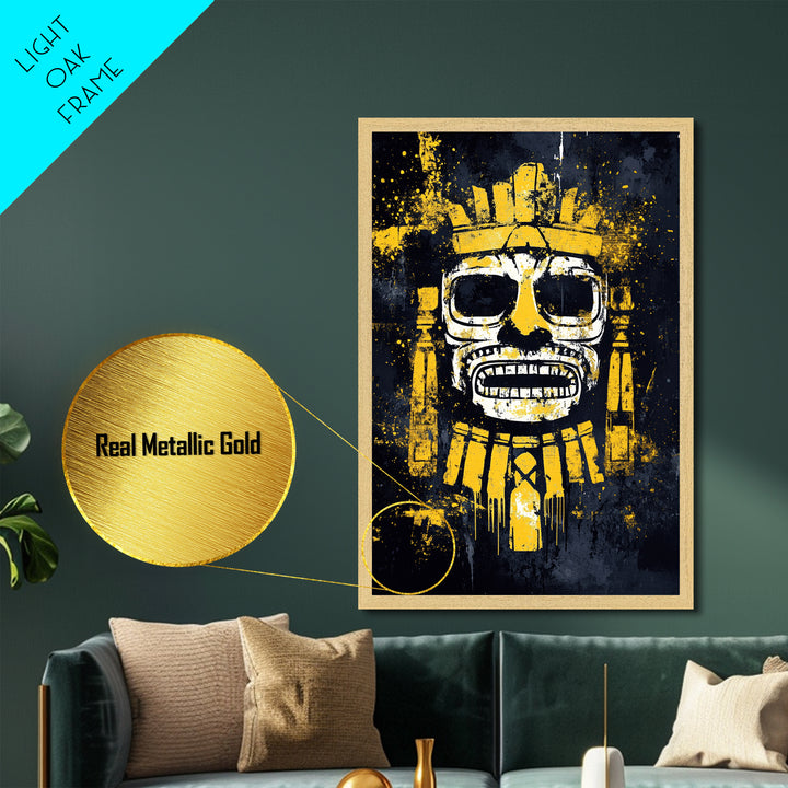 Aztec Feathered Warrior Metallic Gold Metal Print, Ornate Tribal Face Artwork, Ancient Wall Decor, Real Wood Frame