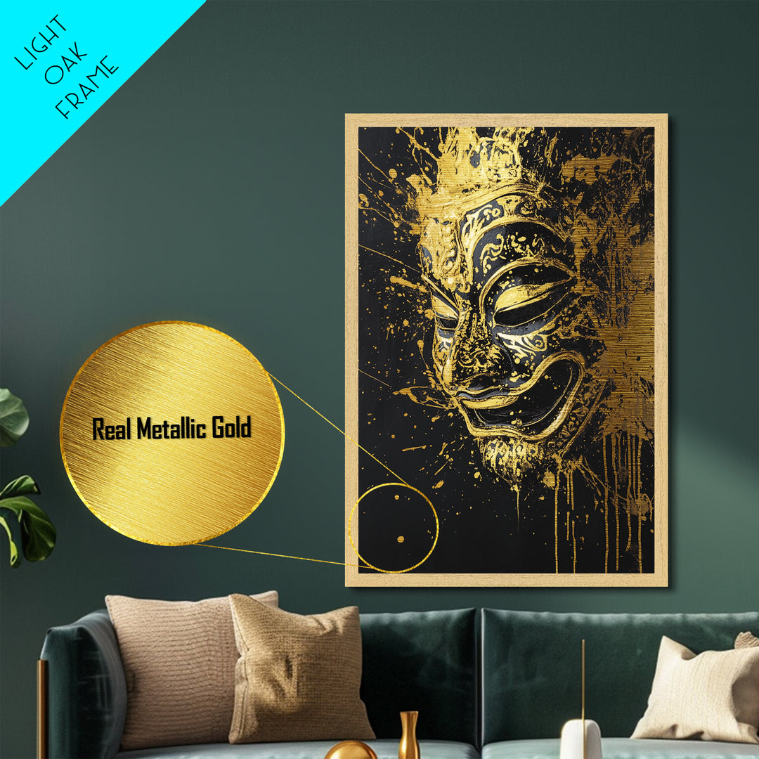 Traditional Mask Metallic Gold Art, Intricate Wall Art, Cultural Spirit Artwork, Real Wood Frame, Unique Splatter Pattern Home Decor