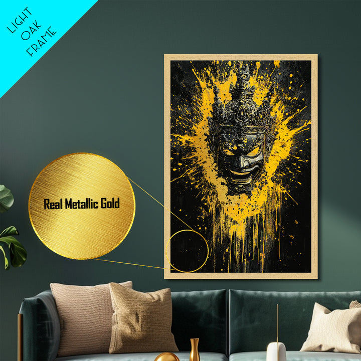 Tribal Mask Metallic Gold Metal Print, Modern Splatter Art, Cultural Wall Decor, Bold Tribal Artwork, Real Wood Framed