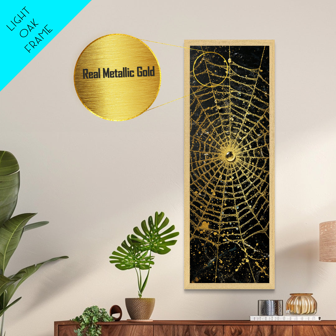 Golden Spider Web Wall Art, Wood Framed Metal Art, Metallic Gold Art, Spider Decor