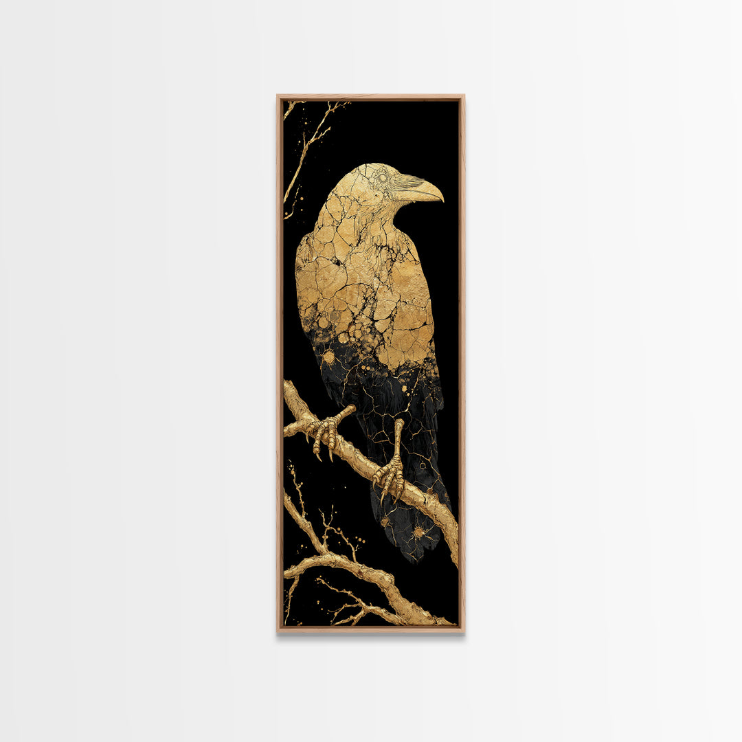 Odin’s Raven Huginn Canvas Gold Art Canvas Art, Norse Mythology Viking Wall Decor for Office or Man Cave, framed with real wood