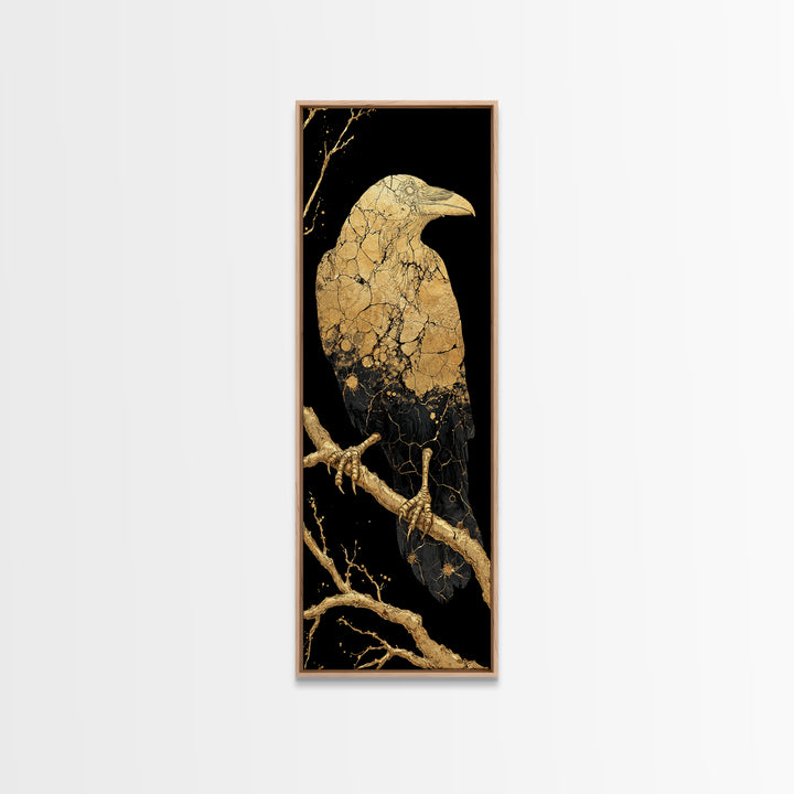Odin’s Raven Huginn Canvas Gold Art Canvas Art, Norse Mythology Viking Wall Decor for Office or Man Cave, framed with real wood