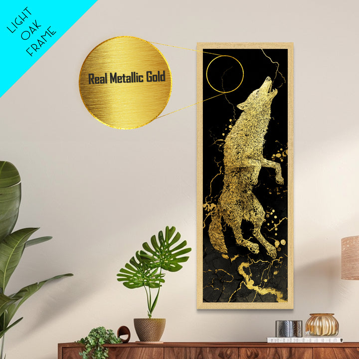 Wolf Fenrir Norse Mythology Metallic Gold Art Metal Art, Viking Office Wall Decor for Men, framed in natural real wood