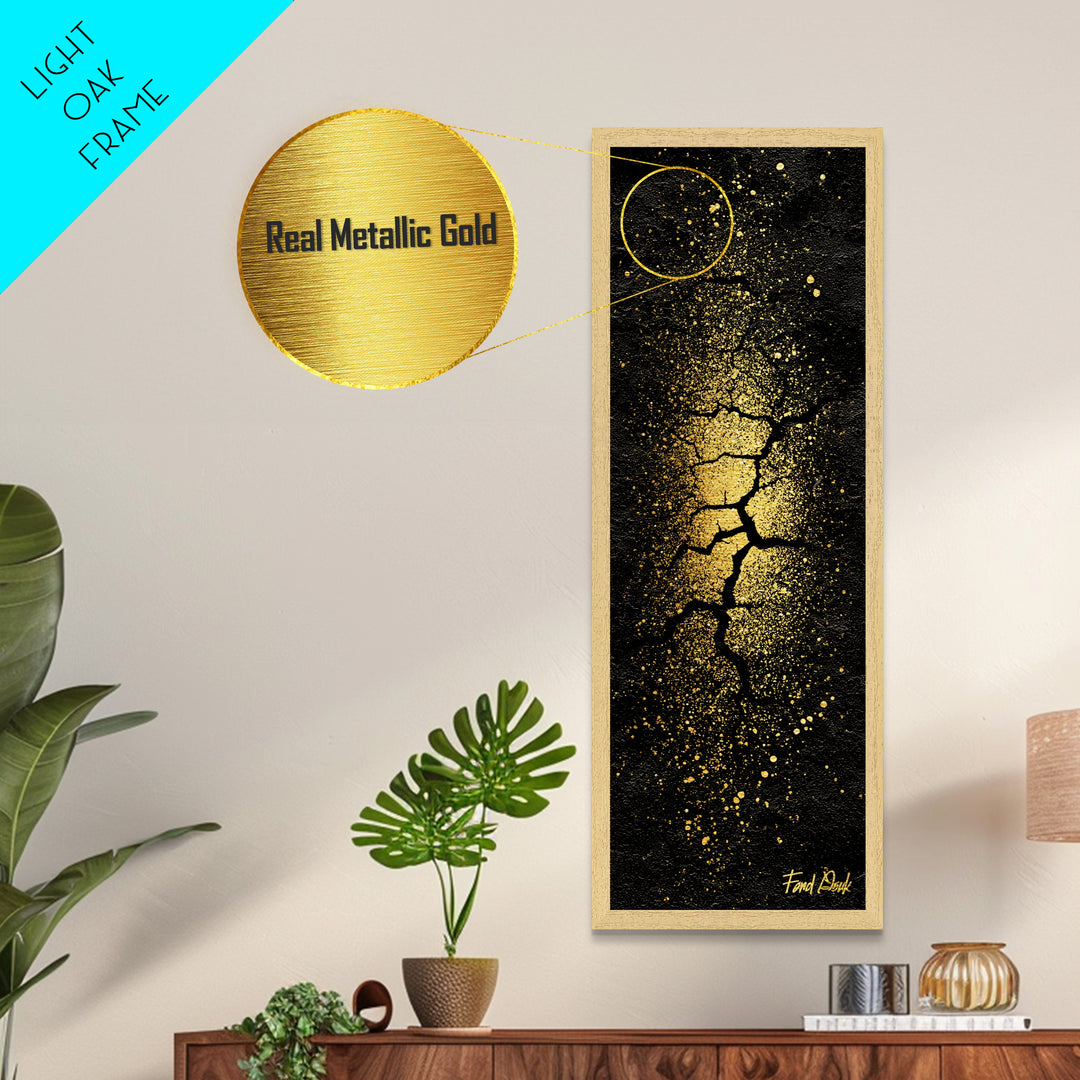 Cracked Earth Norse Ragnarok Metallic Gold Art Metal Art, Nordic Mythology Abstract Wall Decor, framed in handcrafted wood