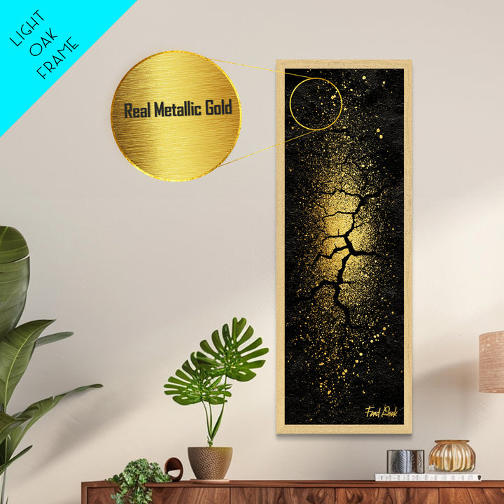 Cracked Earth Norse Ragnarok Metallic Gold Art Metal Art, Nordic Mythology Abstract Wall Decor, framed in handcrafted wood