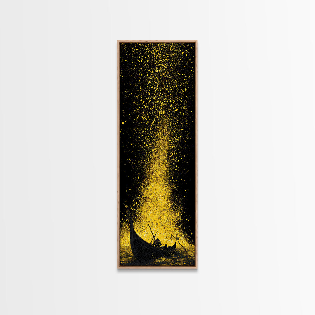 Viking Funeral Ship Canvas Gold Art Canvas Art, Norse Mythology Wall Decor for Dad Gift or Office, framed in rustic wood