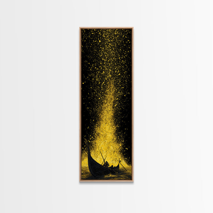 Viking Funeral Ship Canvas Gold Art Canvas Art, Norse Mythology Wall Decor for Dad Gift or Office, framed in rustic wood