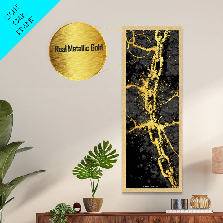 Gleipnir Chain of Fenrir Metallic Gold Art Metal Art, Norse Mythology Viking Decor for Man Cave, in a natural wood frame
