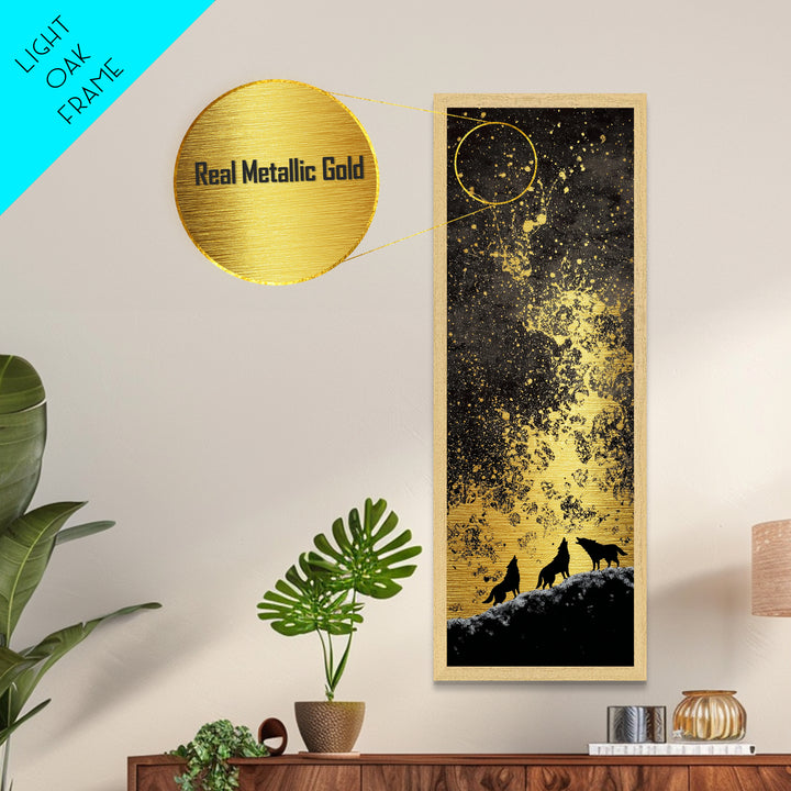 Howling Wolves Norse Night Metallic Gold Art Metal Art, Nordic Mythology Wall Art for Men’s Office, framed with real wood