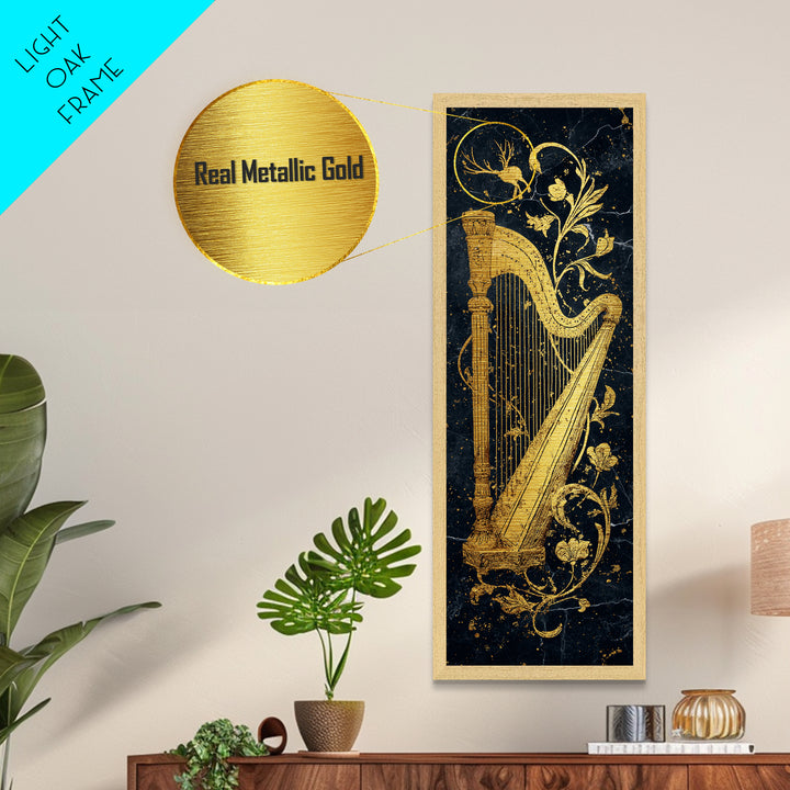 Golden Harp Nordic Wall Art, Wood Framed Metal Art, Metallic Gold Art, Gold Leaf, Gold Foil Art