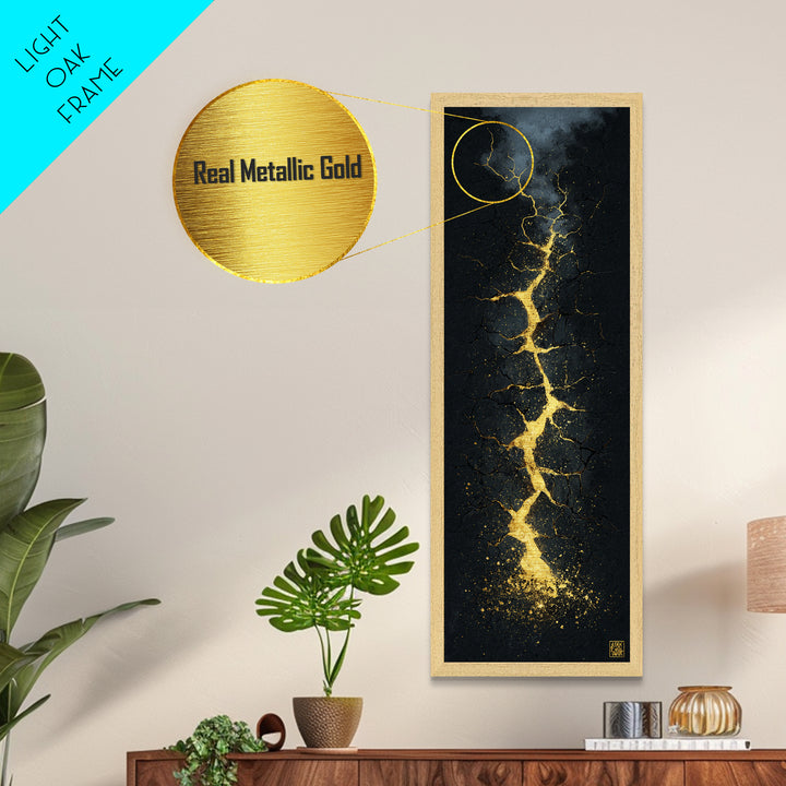 Cracked Path Ragnarok Metallic Gold Art Metal Art, Norse Mythology Abstract Wall Decor for Office, framed in solid wood