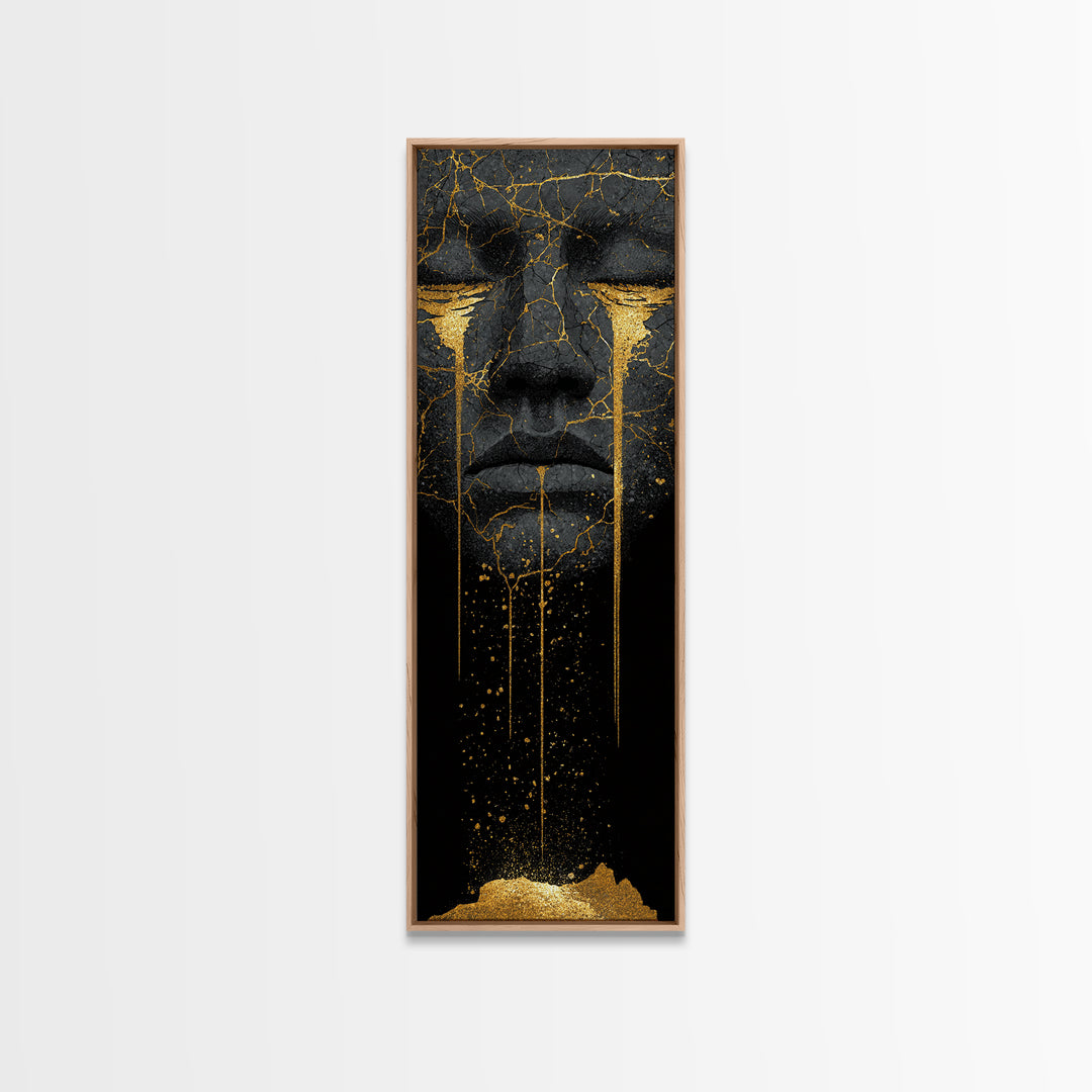 Crying Norse Mask Canvas Gold Art Canvas Art | Nordic Mythology Wall Decor for Man Cave or Office | Framed in Natural Wood