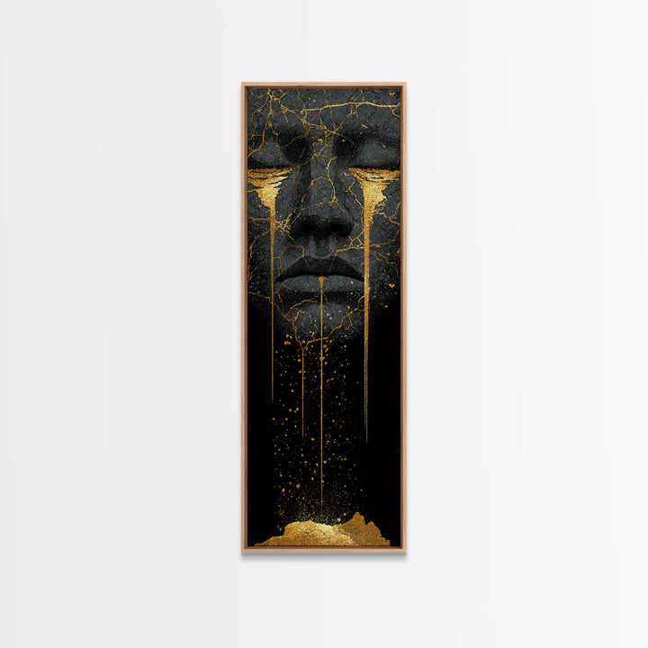 Crying Norse Mask Canvas Gold Art Canvas Art | Nordic Mythology Wall Decor for Man Cave or Office | Framed in Natural Wood