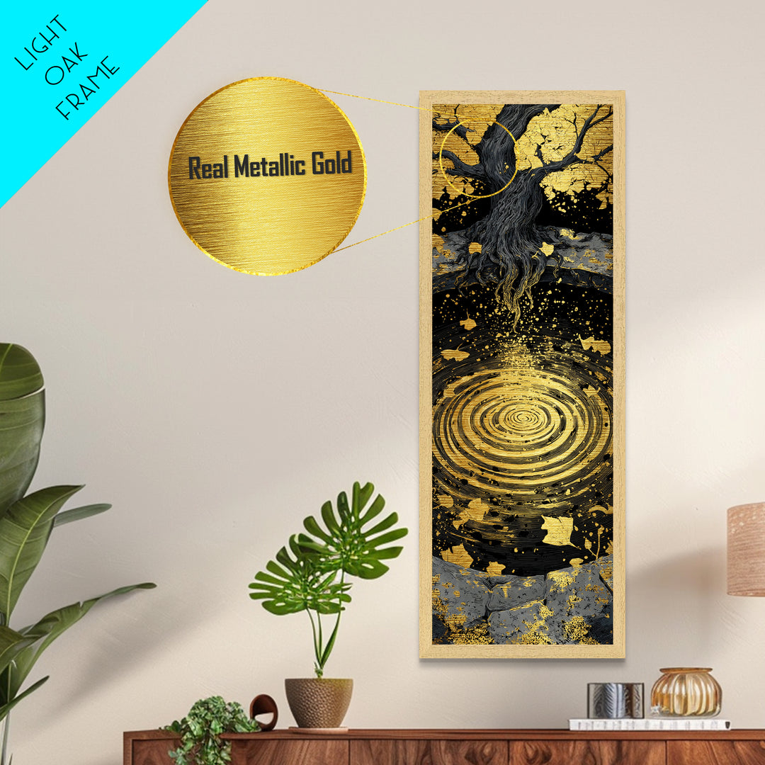 Yggdrasil Tree Metallic Gold Art Metal Art | Nordic Mythology Wall Art of World Tree | Viking Office Decor Framed with Natural Wood