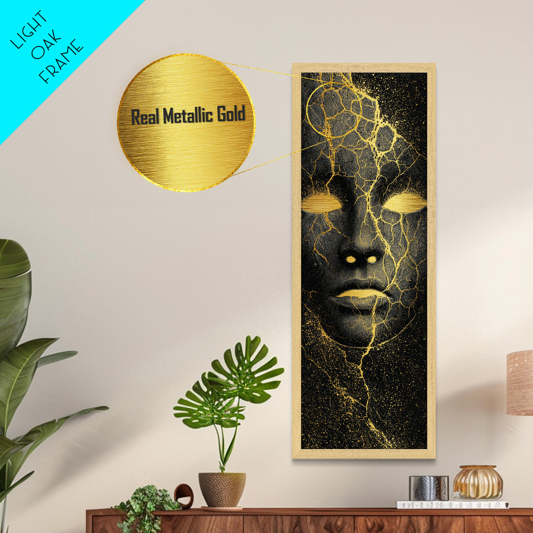 Mystical Nordic Mask Metallic Gold Art Metal Art | Viking Mythology Inspired Wall Art | Man Cave or Office Decor with Real Wood Frame