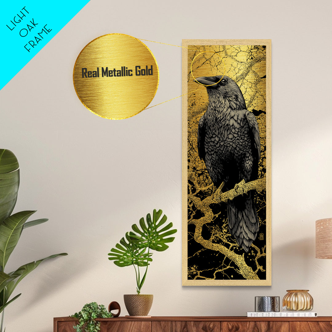 Hugin Raven Metallic Gold Art Metal Art | Nordic Mythology Wall Decor of Odin’s Raven | Viking Office Art Framed in Natural Wood