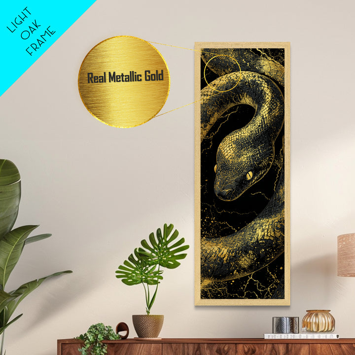Nordic Snake Metallic Gold Art Metal Art | Viking Mythology Inspired Serpent Wall Decor | Man Cave or Dad Gift Framed in Real Wood