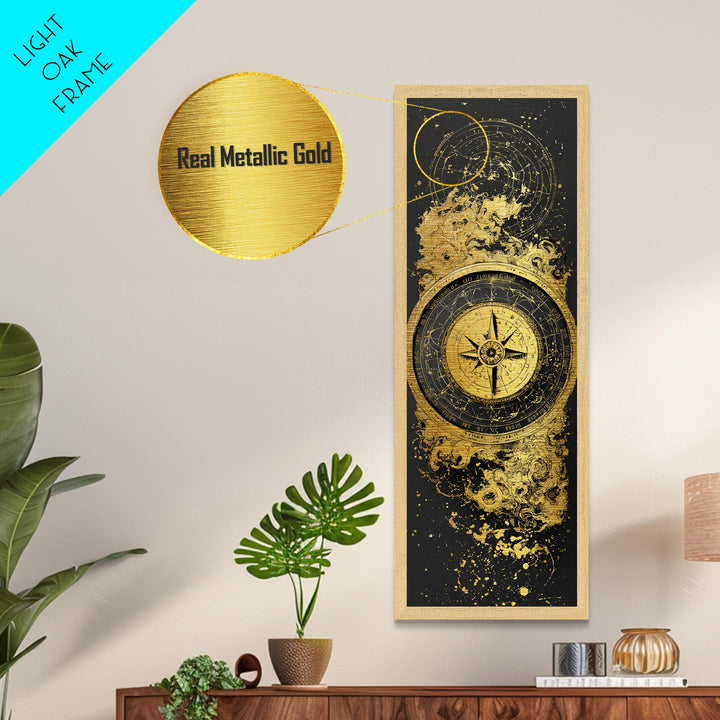 Golden Compass Nordic Wall Art, Wood Framed Metal Art, Metallic Gold Art, Gold Leaf, Gold Foil Art