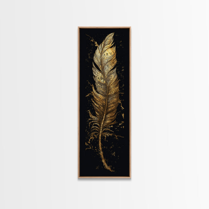 Canvas Gold Art Viking Rune Feather Canvas Art, Nordic Mythology Wall Decor for Office or Man Cave, framed in natural wood