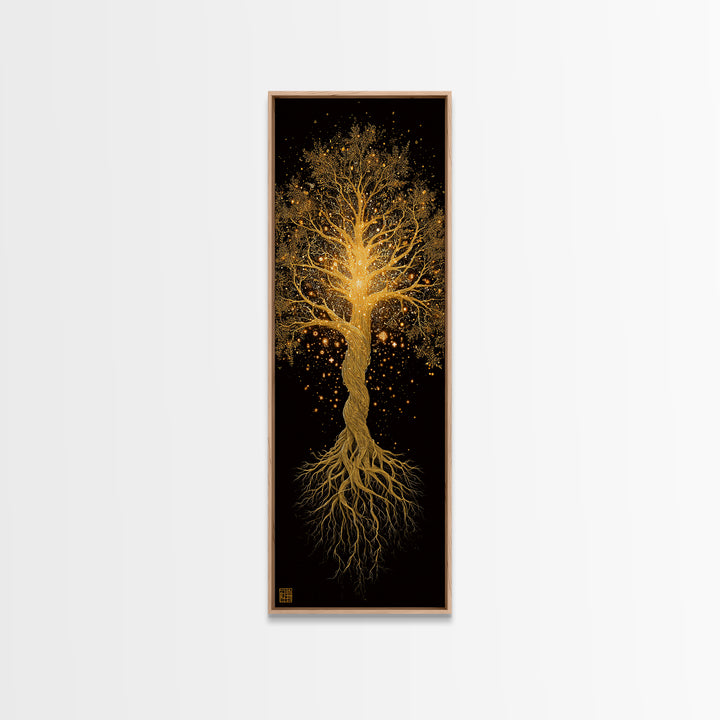 Norse Yggdrasil Canvas Gold Art Canvas Art, Nordic World Tree Wall Decor, Viking Office Art or Dad Gift with real wood frame