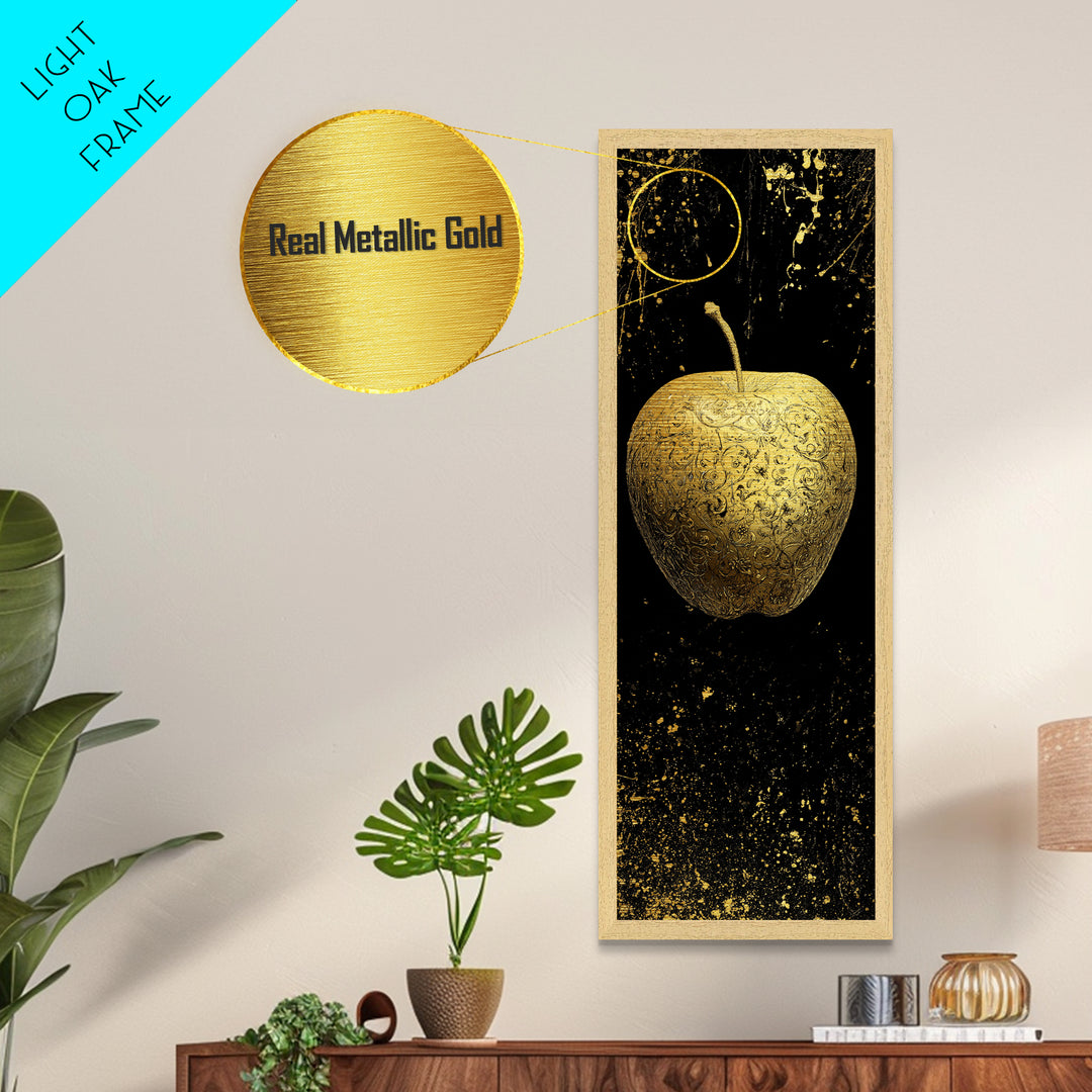 Golden Apple of Idunn Metallic Gold Art Metal Art, Norse Mythology Wall Decor, Viking Man Cave or Office Art in natural wood frame