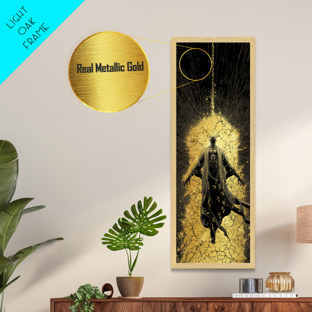 Norse God Ascension Metallic Gold Art Metal Art | Viking Mythology Wall Art | Bold Nordic Office Decor with Natural Wood Frame