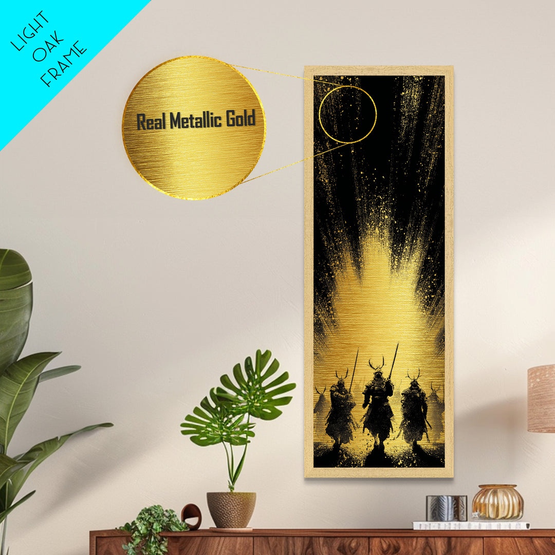 Norse Mythology Metallic Gold Art of Einherjar Warriors, Viking Metal Art for Dad Gift or Office Art, Nordic Battle Scene Framed in Natural Wood