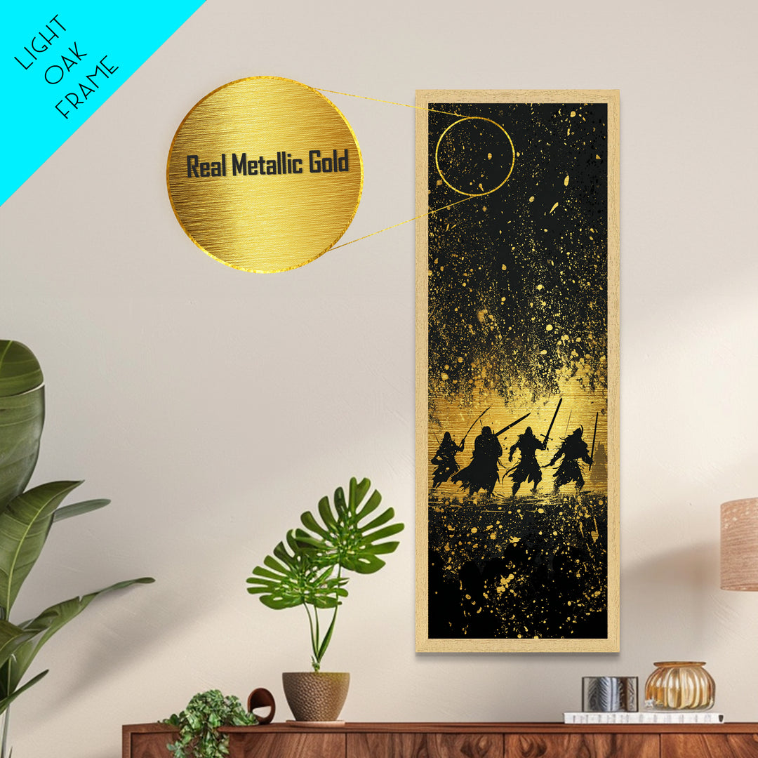 Viking Warriors Metallic Gold Art, Norse Mythology Metal Art Depicting Heroic Einherjar, Man Cave and Office Wall Decor with Real Wood Framing
