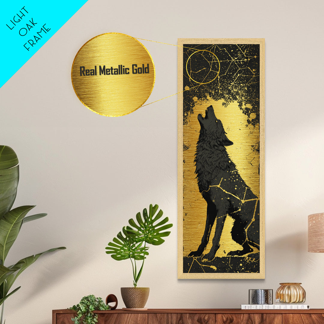 Fenrir Wolf Metallic Gold Art, Norse Mythology Metal Art Depicting Legendary Wolf, Viking Office Art or Man Cave Decor with Real Wood Framing