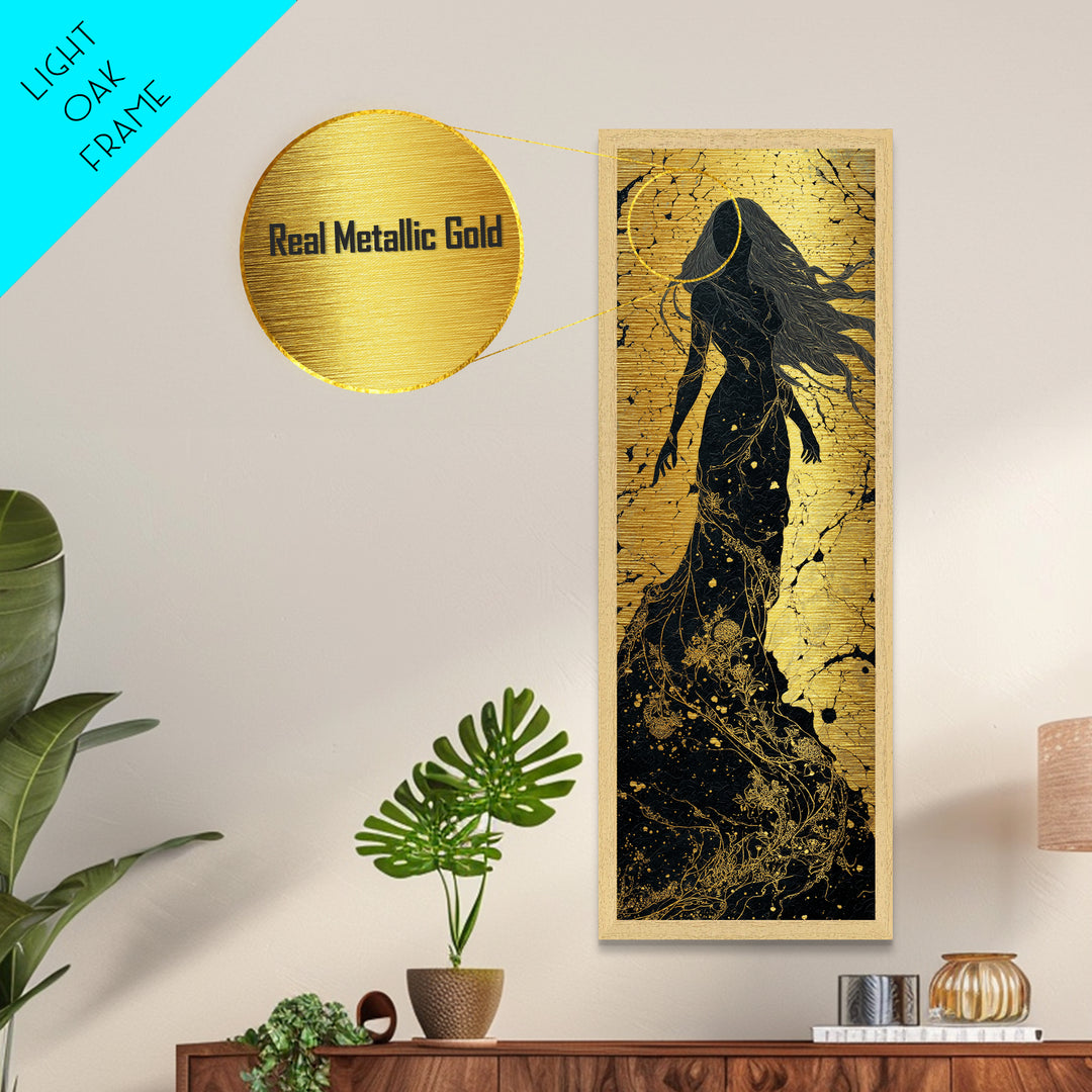 Freyja Goddess Metallic Gold Art, Norse Mythology Metal Art Featuring Viking Goddess of Love, Man Cave or Office Art Beautifully Framed in Wood
