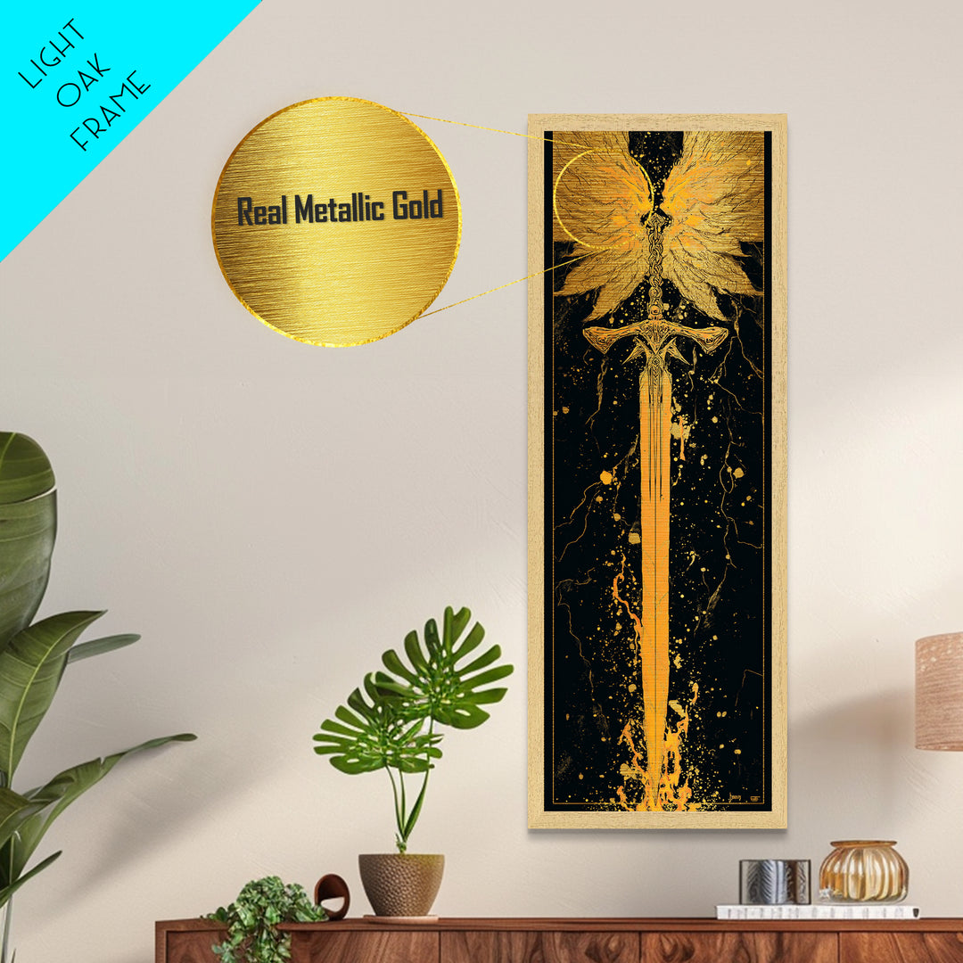 Norse Viking Sword Metallic Gold Art, Nordic Mythology Metal Art Featuring Golden Weapon, Man Cave Office Wall Decor with Elegant Natural Wood Frame