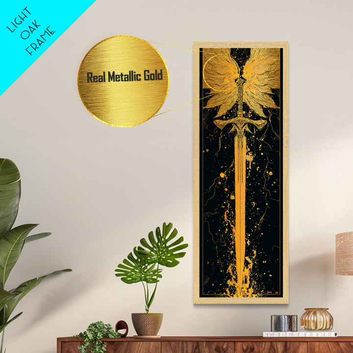 Norse Viking Sword Metallic Gold Art, Nordic Mythology Metal Art Featuring Golden Weapon, Man Cave Office Wall Decor with Elegant Natural Wood Frame