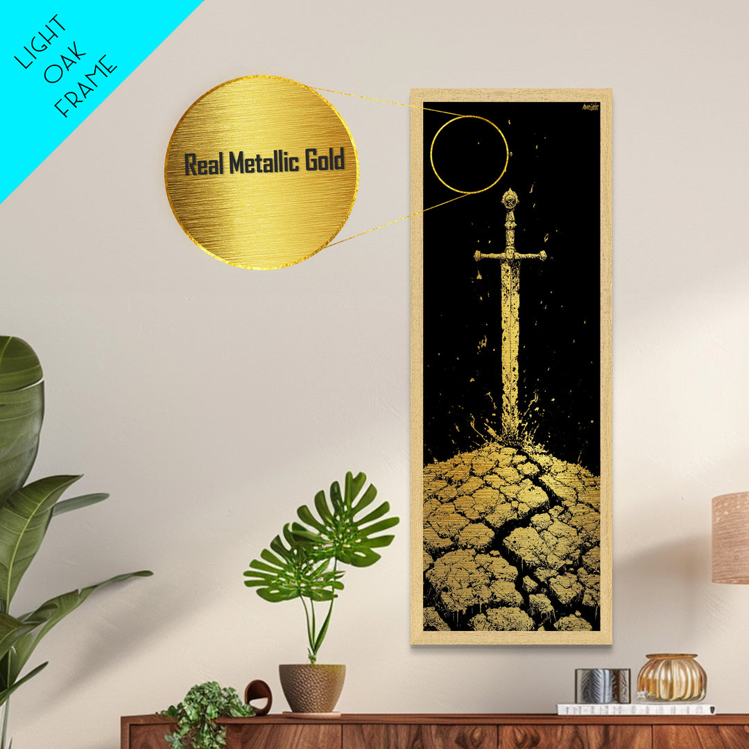 Sword of the North Metallic Gold Art – Viking Mythology Metal Art for Man Cave or Office, framed in natural real wood